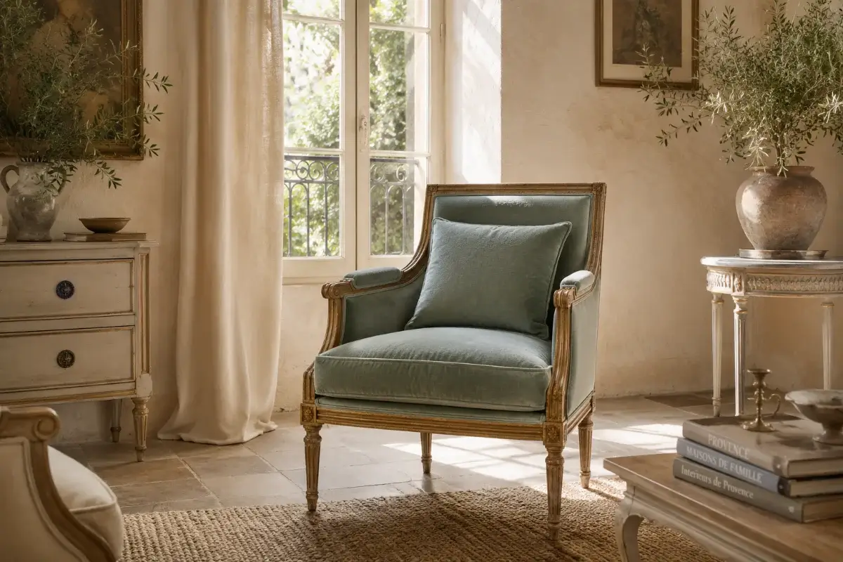 Fauteuil en velours refait par l’Atelier Saint Hilaire, dans un intérieur à Grasse